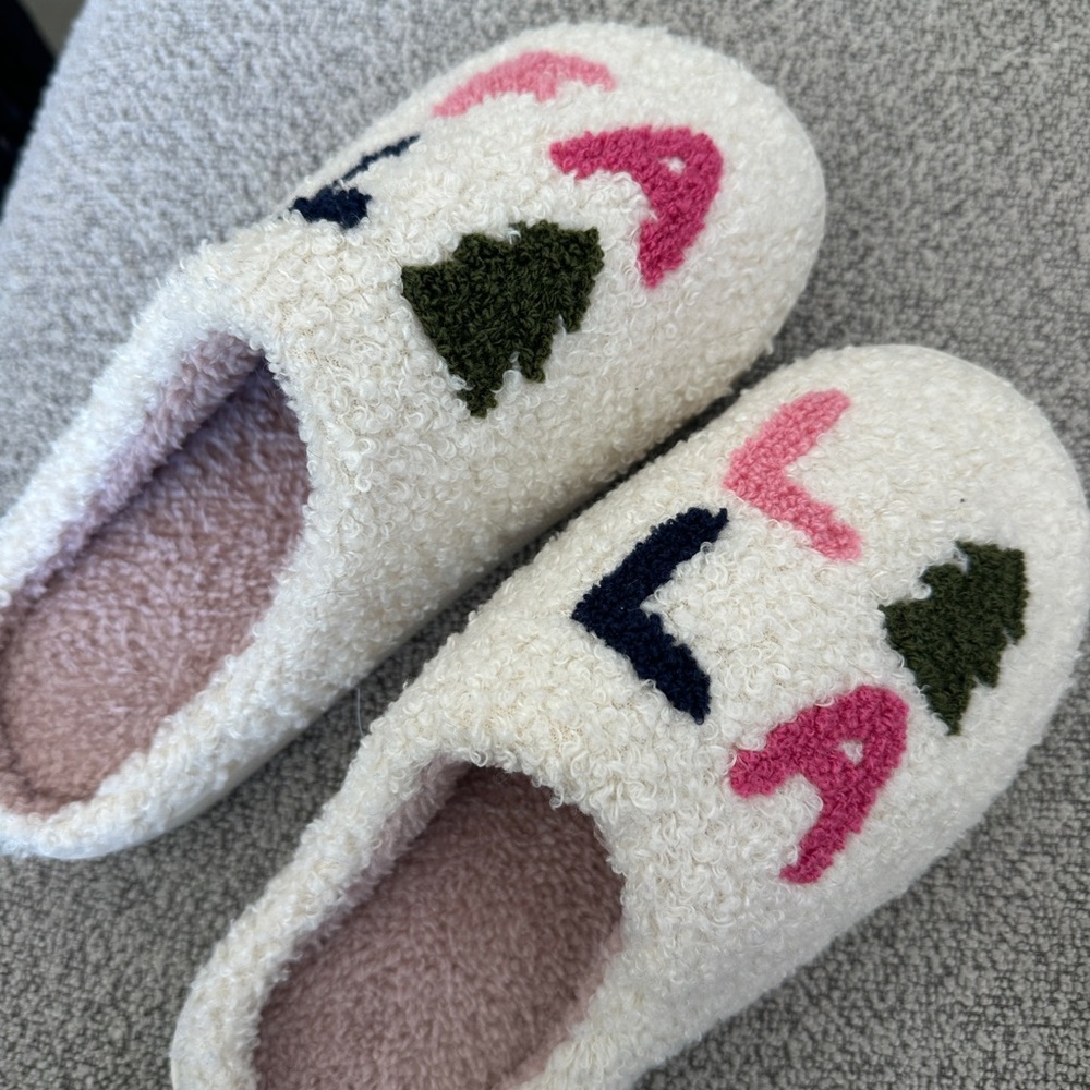 Christmas Cozy Cream Slippers with Pink and Green Accents